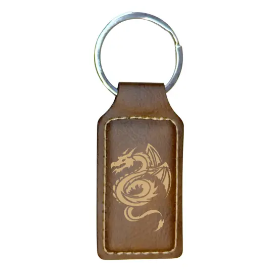 Keychain - Rectangle - Flying Dragon - Leather Black/Silver {3}