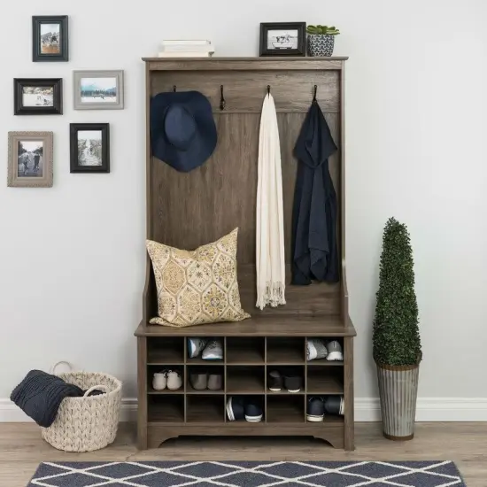 15 Cubbies Wooden Hall Tree with Shoe Storage Bench and Coat Hooks for Entryway Organization Grey {4}