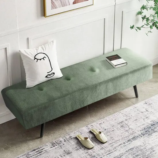 Modern Corduroy Upholstered End of Bed Searing Bench with Black Metal Legs for Living Room Green {4}