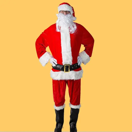 Complete Velour Santa Suit Costume with Beard Hat Gloves and Belt for Holiday Events {1}