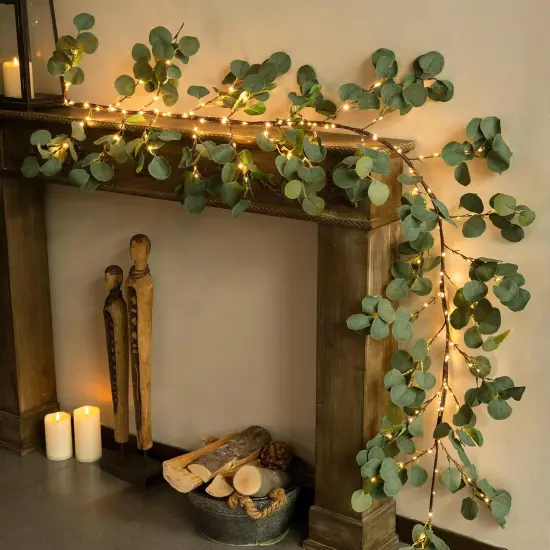 Lighted Eucalyptus Garland Battery Operated with Timer &ndash; 6.56Ft 96 LED Artificial {1}