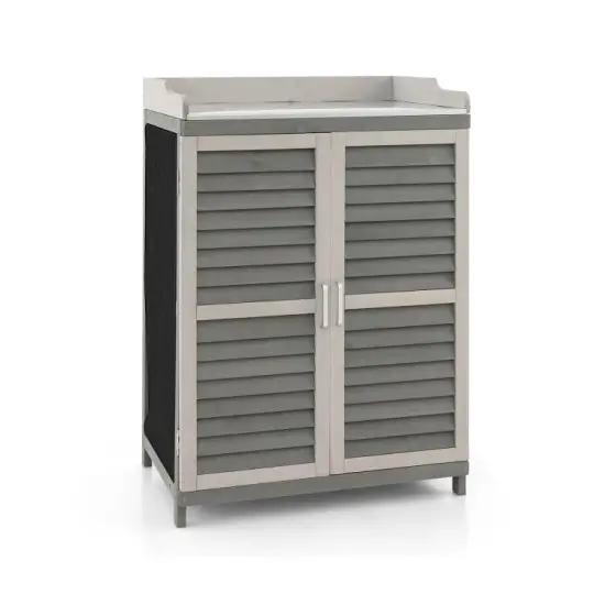 Grey Solid Wood Patio Storage Cabinet with Metal Workstation and Rolling Doors {4}