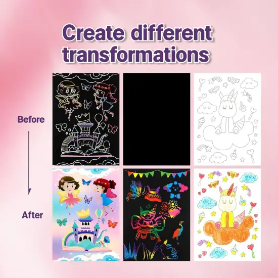 36+9 Scratch Art Paper Kit with Pre-Outlined Template ,4 Follow Boards 8 Scratch Pens 12 Crayons 4 Velvet Clothes {4}