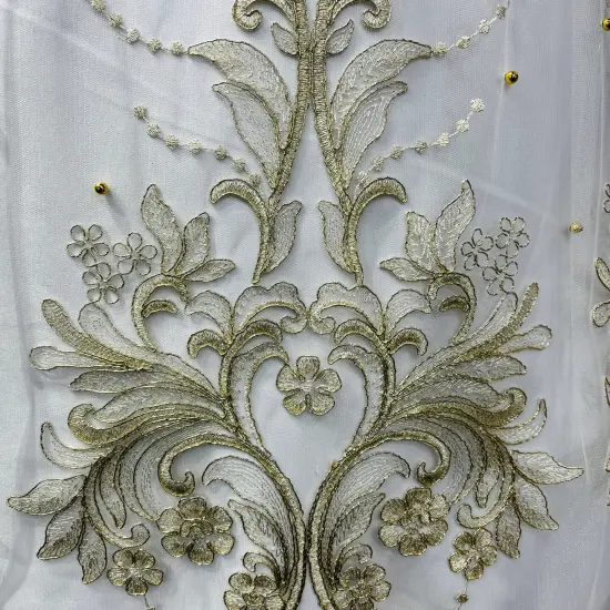 1 Yard Exquisite Beaded and Corded Bridal Lace Fabric Embroidered on 100% Polyester Net Mesh 54" Width Silver {5}