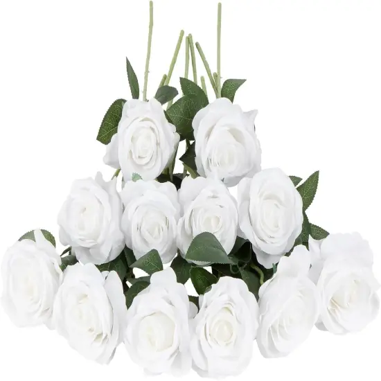 12 pcs Artificial White Roses, Silk Roses with Stems Realistic Fake Rose Flower Bouquet for Wedding Arrangement Centerpieces Party Home Table Decorations {2}