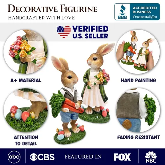 Harvest and Bloom Country Bunny Pair Figurine, 8" Rabbit Garden Statue Set {2}