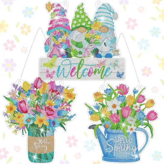 3 Pcs DIY Spring Diamond Painting Wreath Kit Tulip Flower Gnome Diamond Art Hanging Wreath Spring Crystal Painting Ornaments Hanging Sign for Adults Beginners Craft Supplies {1}