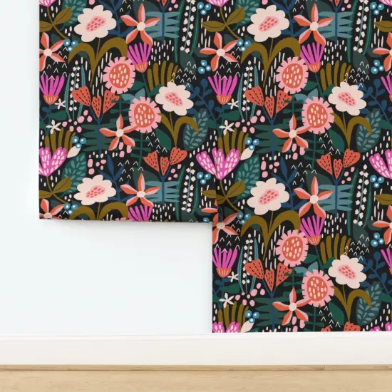 Peel & Stick Wallpaper 2FT Wide Whimsical Floral Modern Botanical Fairy Garden Flowers Maximalist Pink Blue Dots Contemporary Custom Removable Wallpaper by Spoonflower {2}