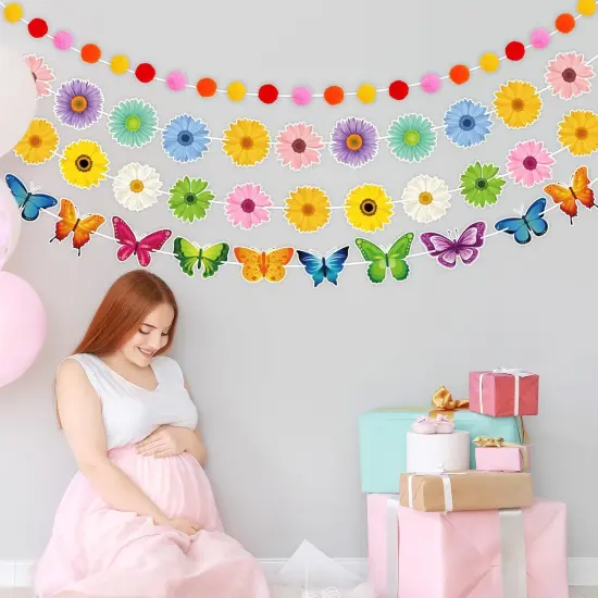 4Pcs Spring Banner Decorations Spring Butterfly Flowers Garland Kits Sun Flowers Hanging Swirl Birthday Party Supplies {3}