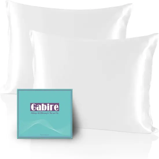 Silk Pillow Cases Set of 2, Both Sides Real Silk Pillowcase for Hair and Skin Prevent Acne Pillowcase Organic Silk Pillowcase 2 Pack with Hidden Zipper, White, Standard (20"&times;26") {1}