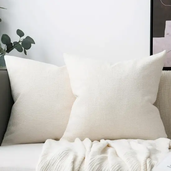 Set of 2 Chenille Linen Decorative Throw Pillow Covers 18x18 Inch Textured Farmhouse Pillow Covers for Bed Couch Sofa Living Room Rustic Cushion Cases, Cream White {1}