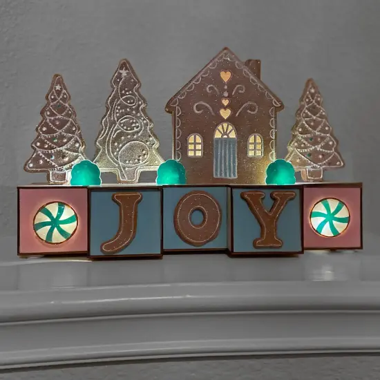 Haute Decor 15 inch Wide Christmas Wood Blocks Lighted Tabletop, Counter, Shelf, or Mantel Decoration - Joy with Gingerbread - Pre-lit and Battery Operated with Automatic Timer {3}