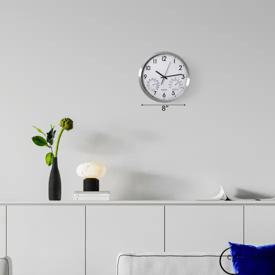Clockswise Non-Ticking Quartz Wall Clock with Thermometer & Hygrometer - Battery Operated Aluminum Analog Clock for Temperature & Humidity Monitoring - Ideal for Home, Office or School, Silver {2}
