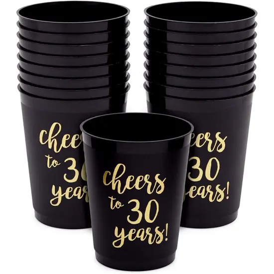 16 Pack Black 30th Birthday Plastic Tumbler Cups 16 oz for Anniversary Party Supplies, Cheers to 30 Years {1}