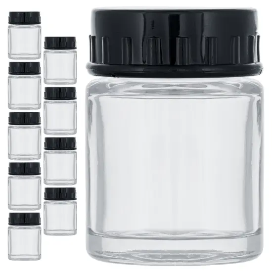 10 Pack TB-001 Empty 3/4 Ounce (22cc) Glass Jar Bottles with Plastic Lids, Paint Storage Bottles, Jars Screw Into Siphon Feed Airbrush Lid Assemblies {1}