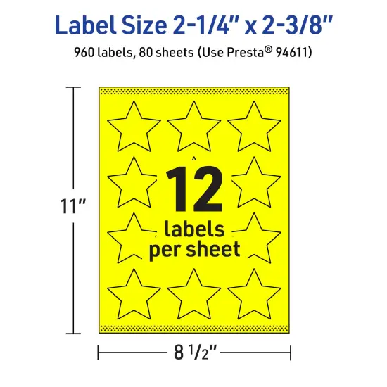Avery Neon Yellow Paper Labels, 2-1/4" x 2-3/8" Star {5}