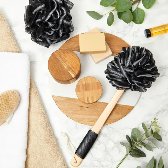 Loofah Bath Set with 1 Loofah on A Stick, 2 Sponge Poufs, and 1 Shower Hook Black {2}