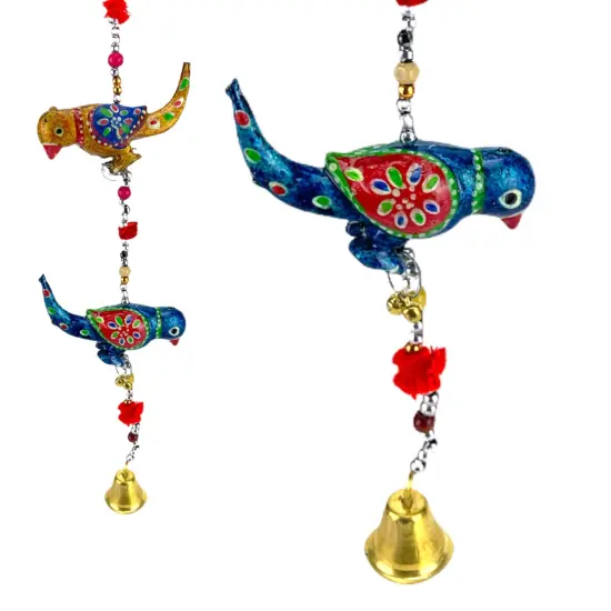 Rajasthani Door Hanging Wind Chimes Indian Traditional Parrot Wall Hanging Diwali Christmas Wedding Decor Wind Chime for Home Decoration Patio - Housewarming Gifts (14 Inches) {4}