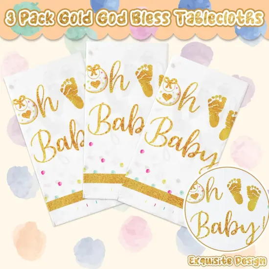 3 Packs Gold & White Baby Shower Tablecloths {2}