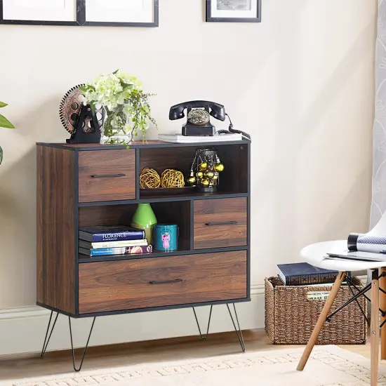 Costway Sideboard Storage Cabinet Multipurpose Display Unit w/Metal Leg & Drawers Walnut {6}