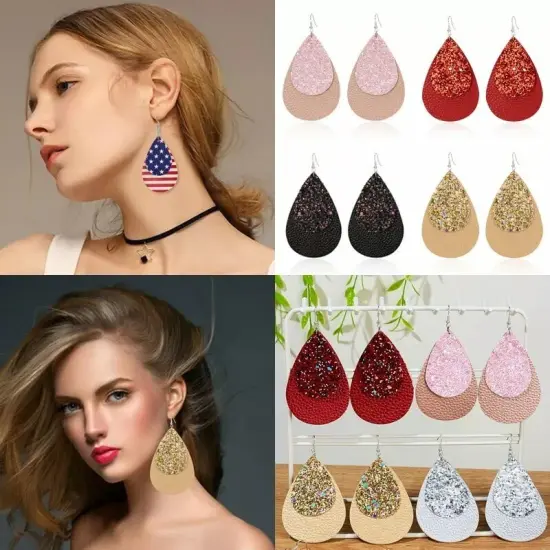 Two-Layer Teardrop Leather Earrings Women Boho Drop Dangle Hook Jewelry Pink 3 {4}