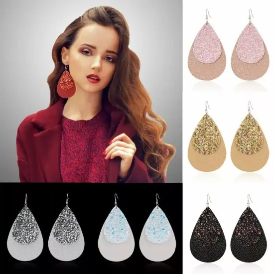 Two-Layer Teardrop Leather Earrings Women Boho Drop Dangle Hook Jewelry Pink 3 {3}