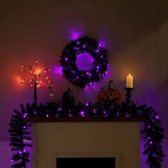 Northlight Pre-Lit Black Crystal Pine Artificial Halloween Garland - 9' x 12" - LED Purple {6}