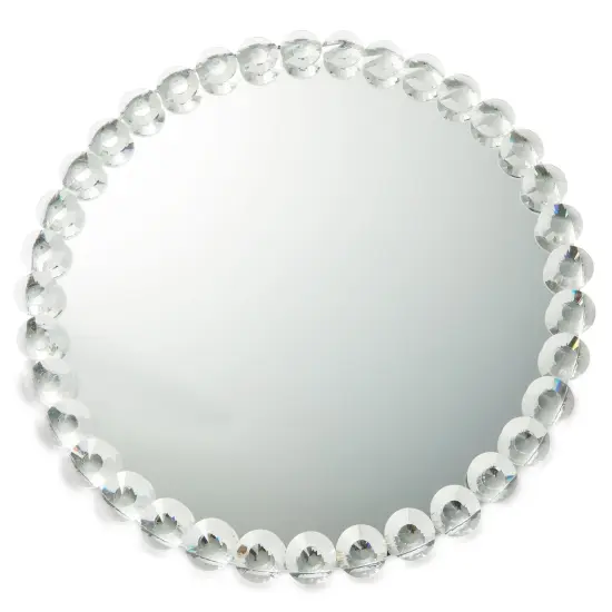 Okuna Outpost 12 in Crystal Bead Round Mirror Tray to Display Perfume, Jewelry, Candles, Bling Serving Tray for Bathroom, Living Room, Office, Vanity, Home Decor Silver {7}