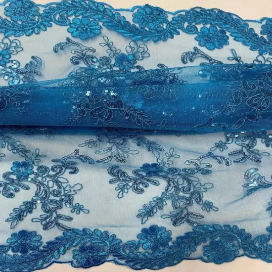 1 Yard Turquoise Sequin Embroidered Lace Fabric Corded Mesh Double Scallop Edge 54" Wide {5}
