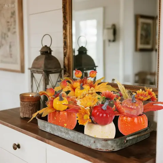 Set of 6 Artificial Pumpkins with Maple & Flowers Table Decor {4}