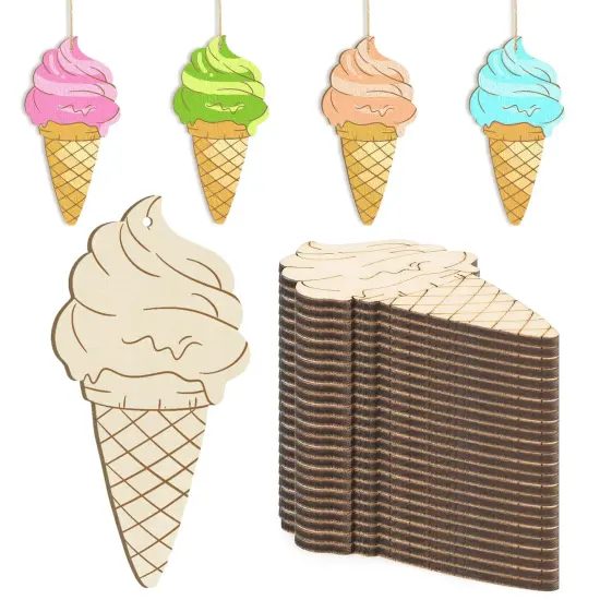 Wooden Ice Cream Ornaments to Paint Summer Decoration Cutouts Unfinished 24PCS 3.5 x 3 inches, DIY Blank Wood Discs Ornament for Home Crafts Hanging Mother's Day Father's Thanksgiving Decoration {1}