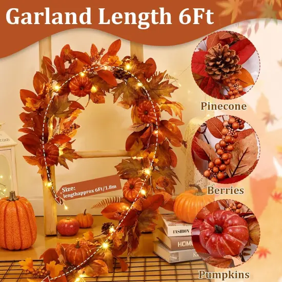 1 Pcs Fall Garland with Lights - 6 FT (Red) {2}