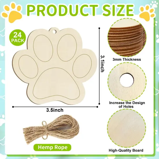 Wooden Dog Paw-Shaped Ornaments to Paint Dog House Decoration Cutouts Unfinished 24PCS, DIY Blank Unfinished Wood Discs Ornament for Pet Theme Party Crafts Hanging Christmas Thanksgiving Decoration {3}