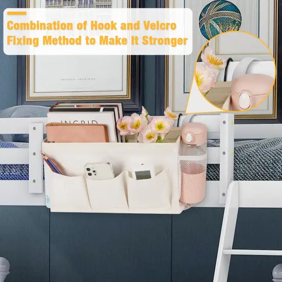 Bedside Caddy Bedside Organizer Bedside Storage Caddy with Fixed Straps and Water Bottle Holder for Home College Dorm Bunk Bed Hospital Bed Crib Bed Rails (White) {6}