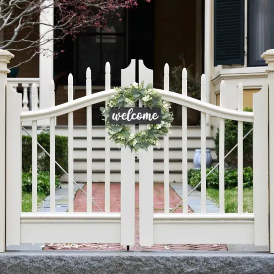 Wreath for Front Door 16 Inch Eucalyptus Leaves Wreath Green Leaves Wreath with Welcome Sign Door Wreath Spring Summer Wreath for Farmhouse Home Porch Indoor Outdoor Decor (Black) {4}