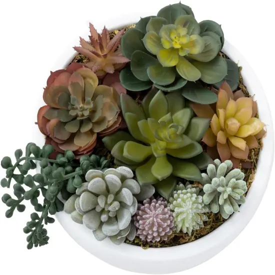 8 Inch Round Modern Artificial Succulent Arrangement Potted in White Concrete Plant Bowl, Assorted Faux Mini Succulents in a Decorative Planter Pot {4}