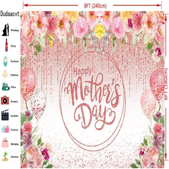 8x6FT Happy Mothers Day Backdrop Mother's Day Pink Flower {2}
