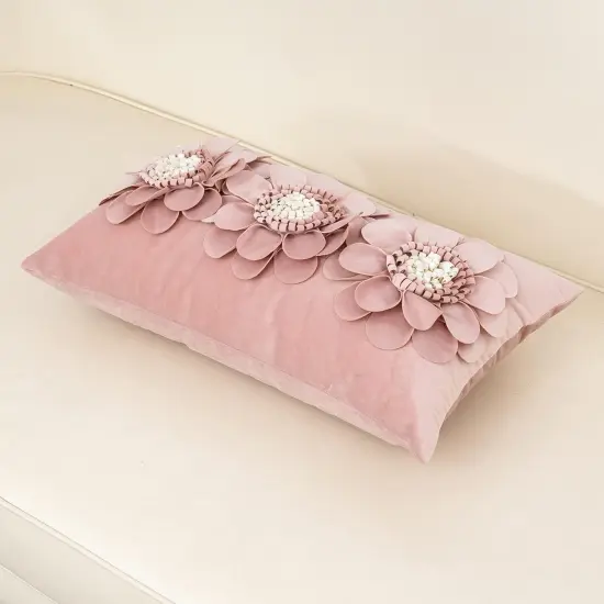 3D Flower Handmade Throw Pillow Cover Decorative Pink Velvet Pillowcase Cushion Cover with Hidden Zipper for Couch Bed Living Room Home Decor 12x20 Inches {3}