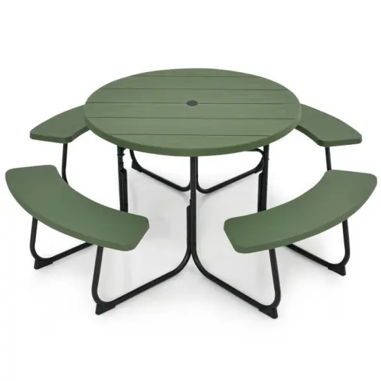 75" Round HDPE 8-Seater Outdoor Picnic Table with Umbrella Hole and Metal Frame Grey {5}