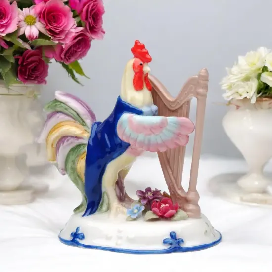 Ceramic Rooster Playing Harp Figurine, Musician Gift, Rooster Lover Gift, Farmhouse Decor {1}