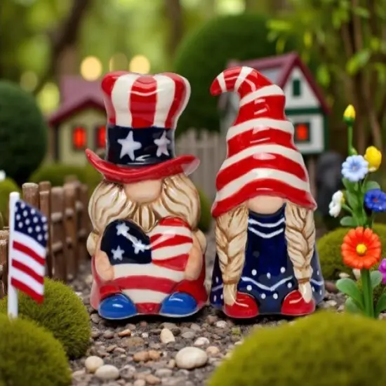 Ceramic Patriot Gnome Salt and Pepper Shakers, July 4th Decor, Independence Day Decor, Fairy Garden Decor, Patriotic Gift, Gnome Collector Gift {1}