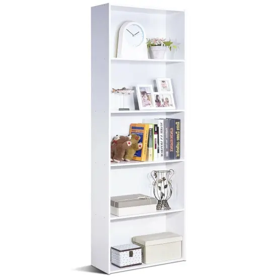 Modern Space-Saving 5-Tier Bookcase with Large Storage Shelf and Stable Base for Decorative Item White {1}