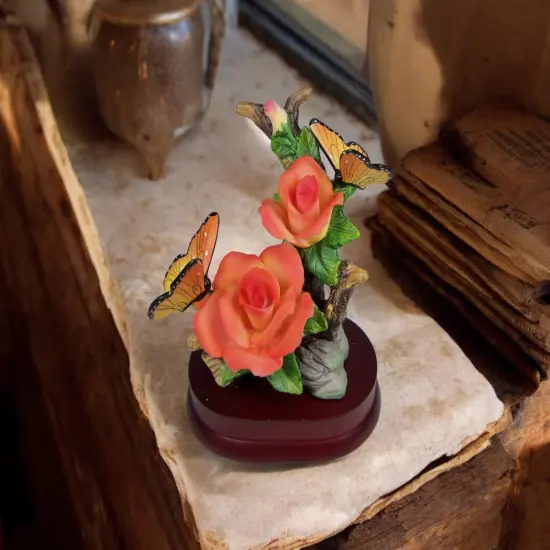 Ceramic Rose Flowers with Butterflies on Wooden Base Figurine, Home Decor, Gift for Her, Gift for Mom {1}