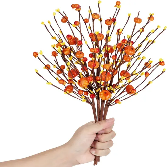 Set of 4 Artificial Fall Orange Berry Stems with Pumpkins Sprigs {4}
