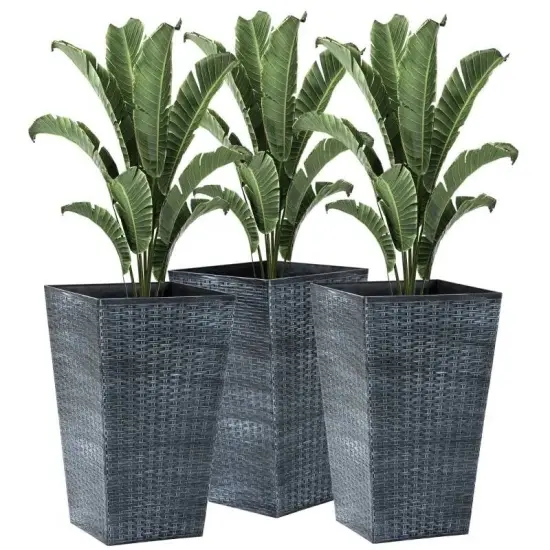Set of 3 Tall Faux Rattan Flower Pots Stackable Indoor Outdoor Planters with Drainage Hole Grey {1}