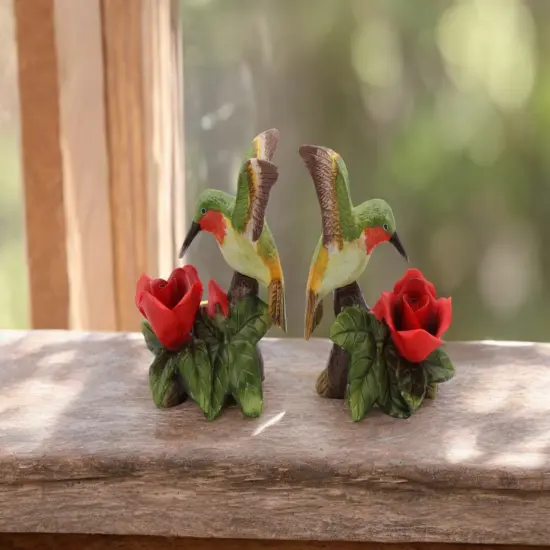 Ceramic Hummingbird with Red Rose Flower Candle Holder (Set of 2), Home Decor, Birdwatcher Gift, Gift for Her, Gift for Mom {1}