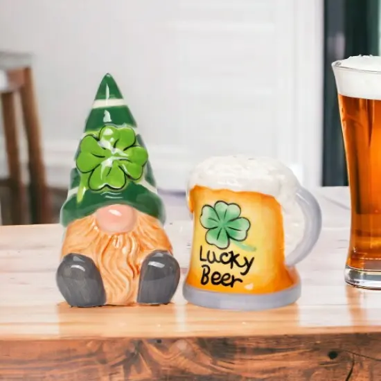 Ceramic Saint Patrick's Day Gnome with Beer Salt and Pepper Shakers, Irish Beer, Fairy Garden Decor, Lucky Beer, Gift for Him, Drinking Buddy Gift {1}