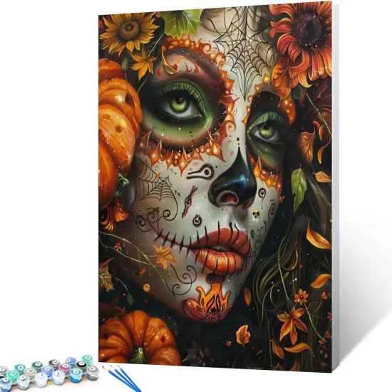 Paint by Number Day of the Dead Halloween Woman Painting DIY Painting Canvas with Brushes Acrylic Paints Pumpkin Spider Web Paint by Numbers for Adults and Kids Beginner 16x20 Inch（without Frame） {2}