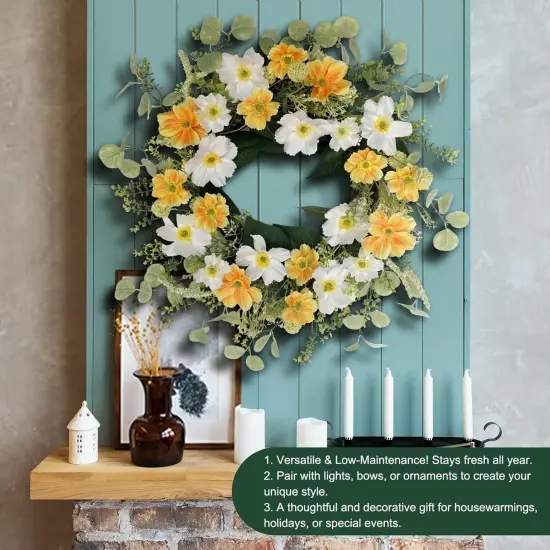 "Yellow Summer Floral Arrangement Wreath for Front Door, 20 Inch Artificial Wreath with Cosmos and Daisy Flowers, Tropical Wreath for Porch, Wall, and Window Home Decor" {5}