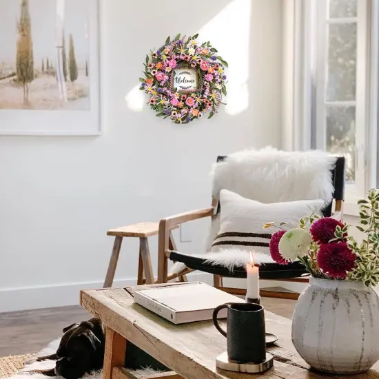 Summer 22 Inch Wreath for Front Door, Artificial Floral Wreath with Roses, Wild Flowers, Leaves, and Welcome Board, Farmhouse Indoor/Outdoor Wall Decor {5}